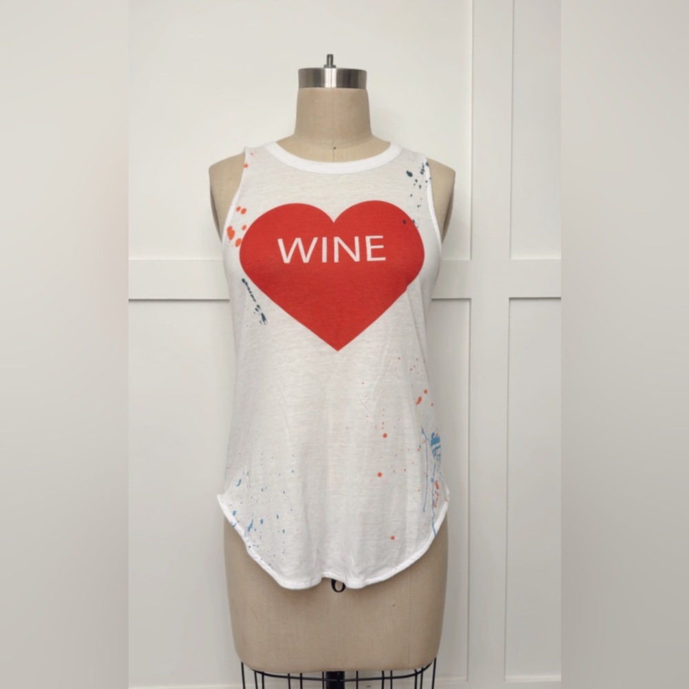 Chaser White Muscle Tee with Red Heart and 'Wine' Text